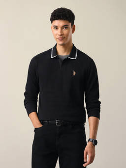 U.S. Polo Assn. Denim Co. - Black Cotton Solid/Plain Collar Neck Polo T-Shirt