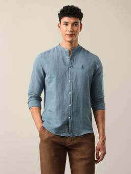 U.S. Polo Assn. Denim Co. - Teal Linen Blend Solid/Plain Mandarin Neck Shirt