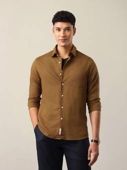U.S. POLO ASSN. - Brown Linen Solid/Plain Collar Neck Shirt