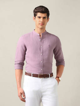 U.S. Polo Assn. Denim Co. - Mauve Linen Blend Solid/Plain Mandarin Neck Shirt