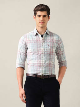 U.S. POLO ASSN. - Peach Cotton Checks Collar Neck Shirt