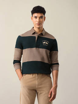 U.S. POLO ASSN. - Green Cotton Stripes Collar Neck Polo T-Shirt