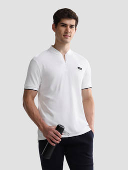 U.S. POLO ASSN. - White Polyester Solid/Plain High Neck Polo T-Shirt