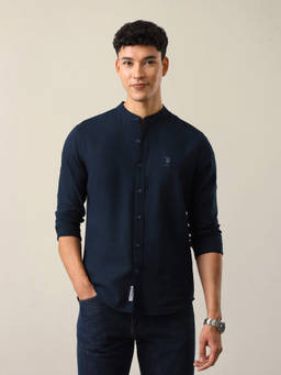 U.S. Polo Assn. Denim Co. - Navy Blue Cotton Solid/Plain Mandarin Neck Shirt