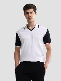 U.S. POLO ASSN. - White Polyester Colorblock Collar Neck Polo T-Shirt