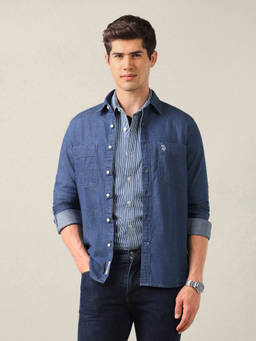 U.S. Polo Assn. Denim Co. - Indigo Cotton Solid/Plain Collar Neck Shirt