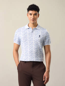 U.S. POLO ASSN. - Blue Cotton Geometric Collar Neck Polo T-Shirt