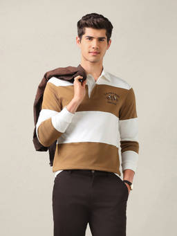 U.S. POLO ASSN. - Brown Cotton Stripes Collar Neck Polo T-Shirt