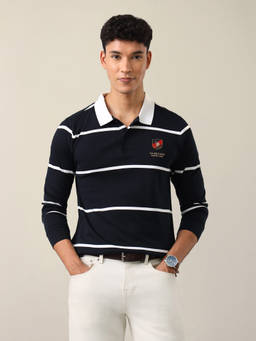 U.S. POLO ASSN. - Navy Blue Cotton Stripes Collar Neck Polo T-Shirt
