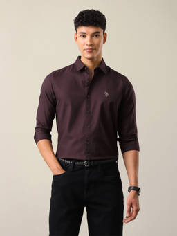 U.S. Polo Assn. Denim Co. - Wine Cotton Solid/Plain Collar Neck Shirt