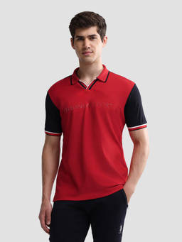 U.S. POLO ASSN. - Red Polyester Colorblock Collar Neck Polo T-Shirt