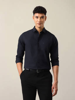 U.S. POLO ASSN. - Navy Blue Cotton Solid/Plain Collar Neck Shirt