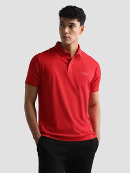 U.S. POLO ASSN. - Red Nylon Solid/Plain Collar Neck Polo T-Shirt