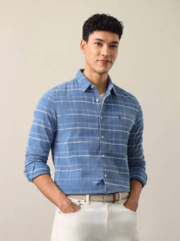 U.S. Polo Assn. Denim Co. - Blue Cotton Checks Collar Neck Shirt