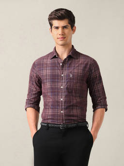 U.S. POLO ASSN. - Brown Cotton Checks Collar Neck Shirt