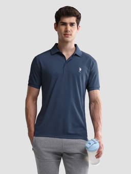 U.S. POLO ASSN. - Blue Polyester Solid/Plain Collar Neck Polo T-Shirt