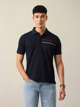 U.S. POLO ASSN. - Navy Blue Cotton Solid/Plain Collar Neck Polo T-Shirt