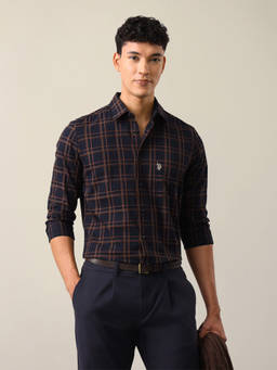 U.S. POLO ASSN. - Navy Blue Cotton Checks Collar Neck Shirt