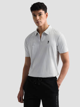 U.S. POLO ASSN. - Grey Nylon Solid/Plain Collar Neck Polo T-Shirt