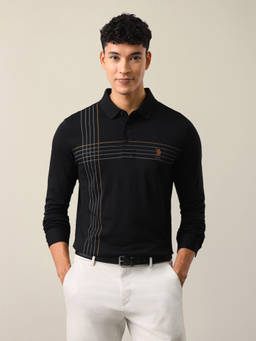 U.S. POLO ASSN. - Black Cotton Solid/Plain Collar Neck Polo T-Shirt
