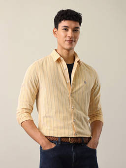 U.S. Polo Assn. Denim Co. - Yellow Cotton Stripes Collar Neck Shirt
