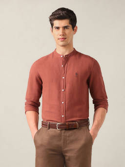 U.S. Polo Assn. Denim Co. - Rust Linen Blend Solid/Plain Mandarin Neck Shirt