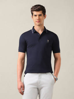 U.S. POLO ASSN. - Navy Blue Rayon Solid/Plain Collar Neck Polo T-Shirt