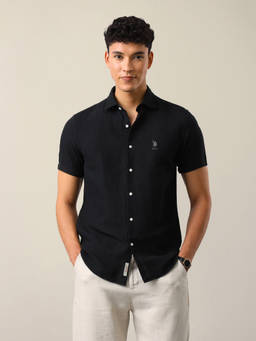 U.S. Polo Assn. Denim Co. - Black Linen Blend Solid/Plain Collar Neck Shirt