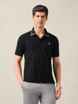 U.S. POLO ASSN. - Black Nylon Solid/Plain Collar Neck Polo T-Shirt