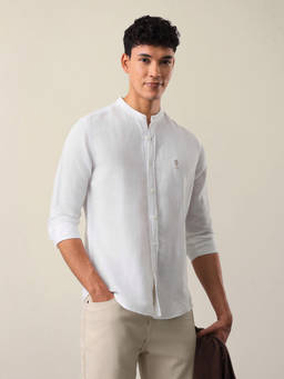 U.S. Polo Assn. Denim Co. - White Linen Solid/Plain Mandarin Neck Shirt