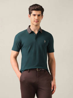 U.S. POLO ASSN. - Green Cotton Solid/Plain Collar Neck Polo T-Shirt