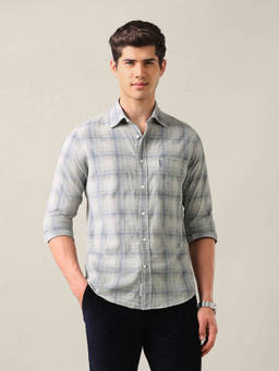 U.S. POLO ASSN. - Grey Cotton Checks Collar Neck Shirt