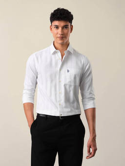U.S. POLO ASSN. - White Cotton Stripes Collar Neck Shirt