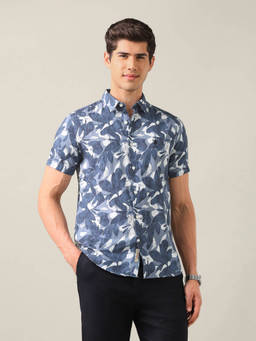 U.S. Polo Assn. Denim Co. - Blue Cotton Linen Floral Collar Neck Shirt