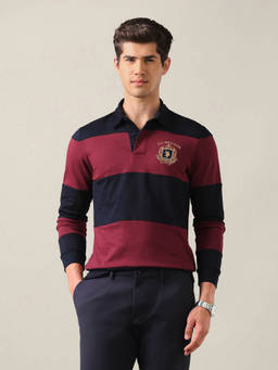 U.S. POLO ASSN. - Maroon Cotton Stripes Collar Neck Polo T-Shirt
