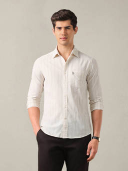 U.S. POLO ASSN. - Ivory Cotton Stripes Collar Neck Shirt