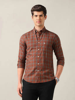 U.S. POLO ASSN. - Rust Cotton Checks Collar Neck Shirt