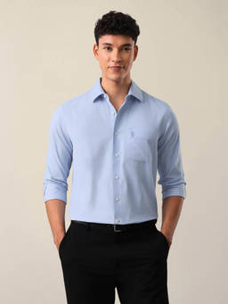 U.S. POLO ASSN. - Blue Cotton Solid/Plain Collar Neck Shirt