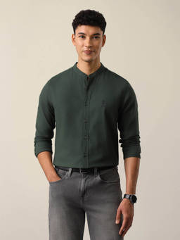 U.S. Polo Assn. Denim Co. - Green Cotton Solid/Plain Mandarin Neck Shirt