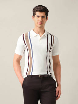 U.S. POLO ASSN. - Off White Cotton Stripes Collar Neck Polo T-Shirt