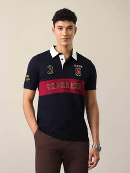U.S. POLO ASSN. - Navy Blue Cotton Colorblock Collar Neck Polo T-Shirt