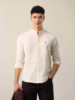 U.S. Polo Assn. Denim Co. - Beige Cotton Solid/Plain Mandarin Neck Shirt