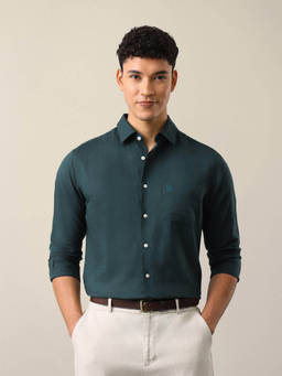 U.S. POLO ASSN. - Teal Linen Blend Solid/Plain Collar Neck Shirt