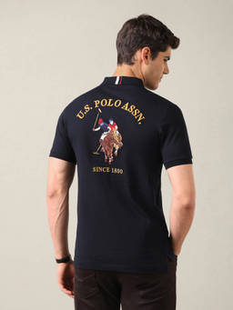 U.S. POLO ASSN. - Navy Blue Cotton Solid/Plain Collar Neck Polo T-Shirt