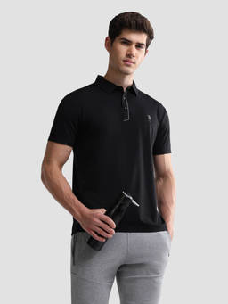 U.S. POLO ASSN. - Black Nylon Solid/Plain Collar Neck Polo T-Shirt