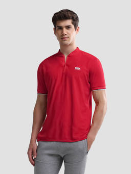 U.S. POLO ASSN. - Red Polyester Solid/Plain High Neck Polo T-Shirt