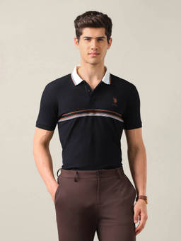 U.S. POLO ASSN. - Navy Blue Cotton Solid/Plain Collar Neck Polo T-Shirt