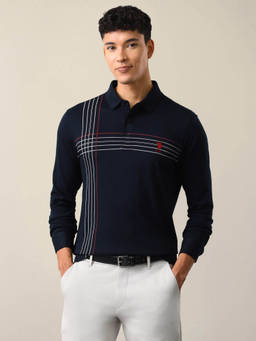 U.S. POLO ASSN. - Navy Blue Cotton Stripes Collar Neck Polo T-Shirt