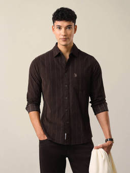 U.S. POLO ASSN. - Brown Cotton Stripes Collar Neck Shirt