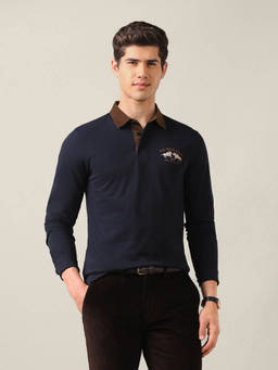 U.S. POLO ASSN. - Navy Blue Cotton Solid/Plain Collar Neck Polo T-Shirt